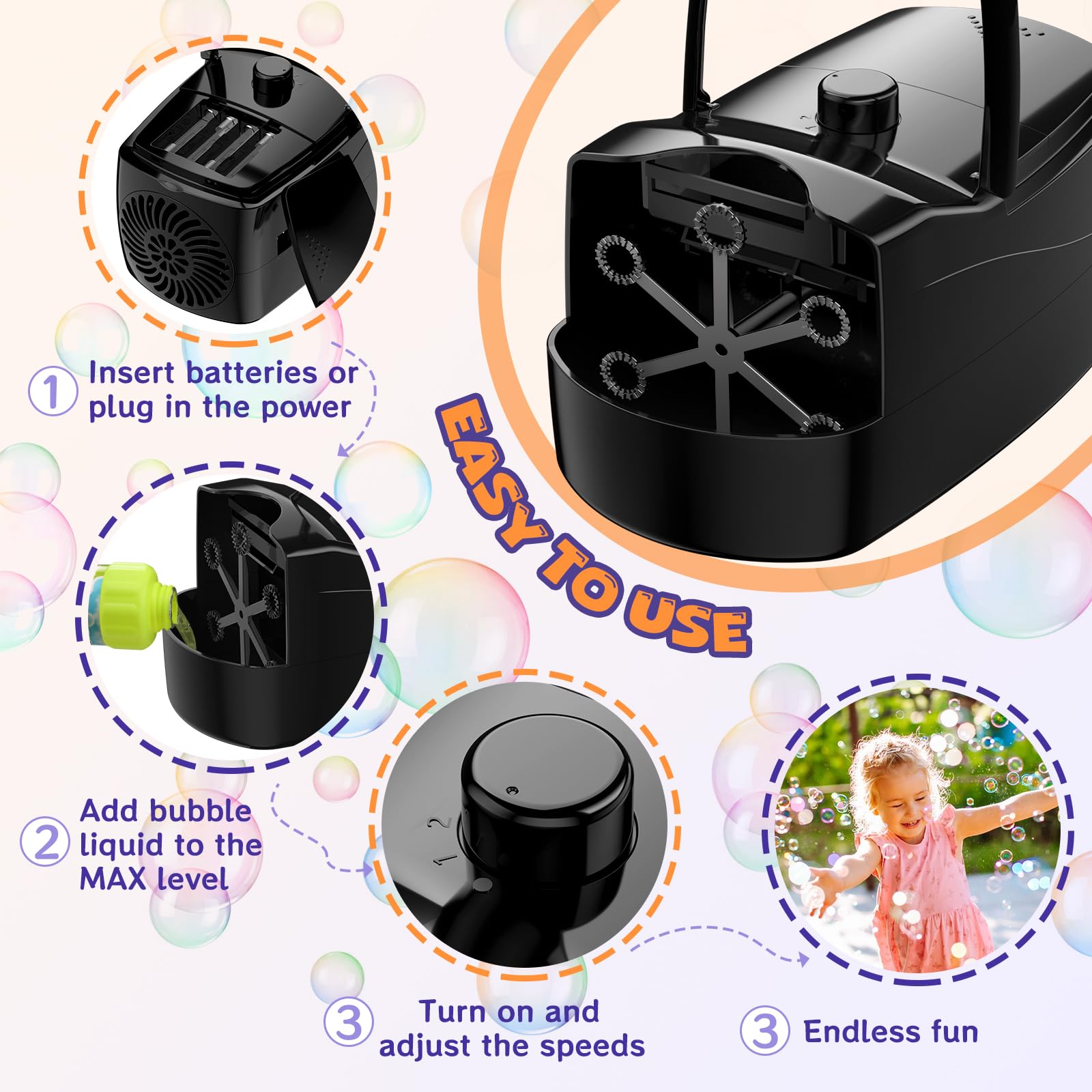 Sizonjoy bubble machine side controls and ports showing USB adapter option for convenience