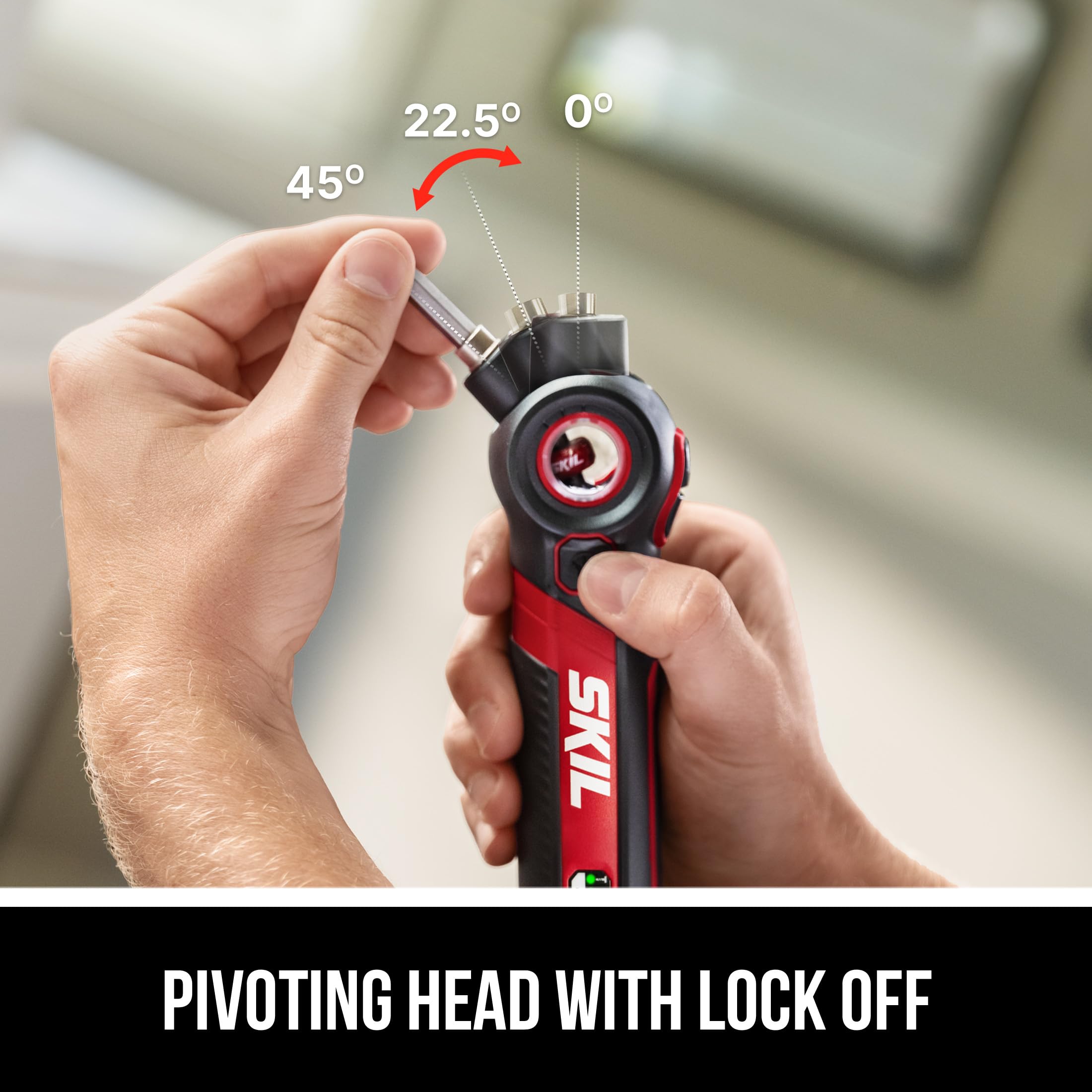 SKIL Twist 2.0 pivoting head close-up illustrating three lockable positions for reach