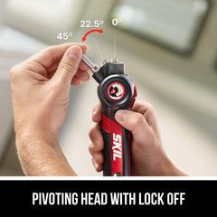 SKIL Twist 2.0 pivoting head close-up illustrating three lockable positions for reach