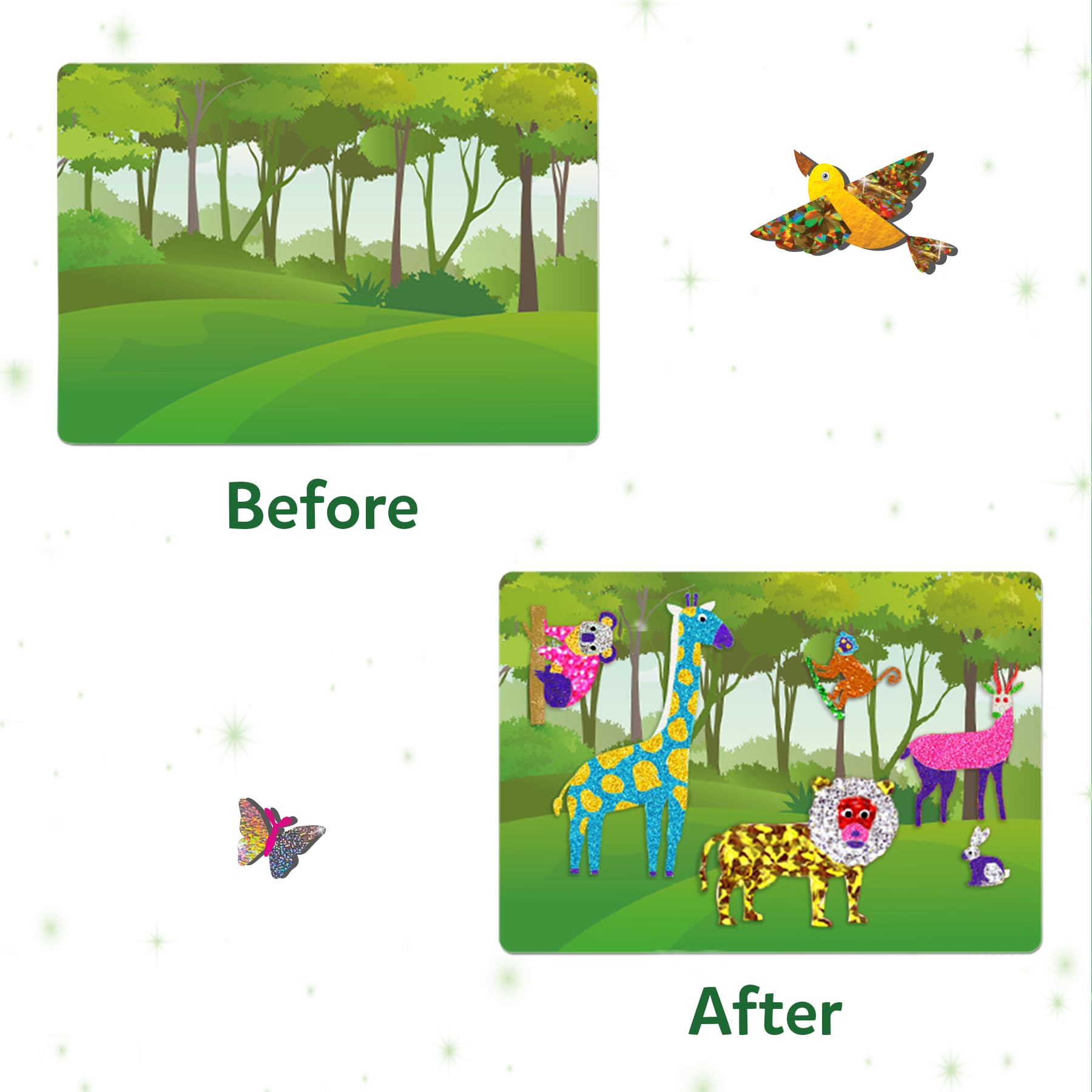 Child using Skillmatics foil fun animals kit applying foil to canvas demonstrating independent, tidy crafting