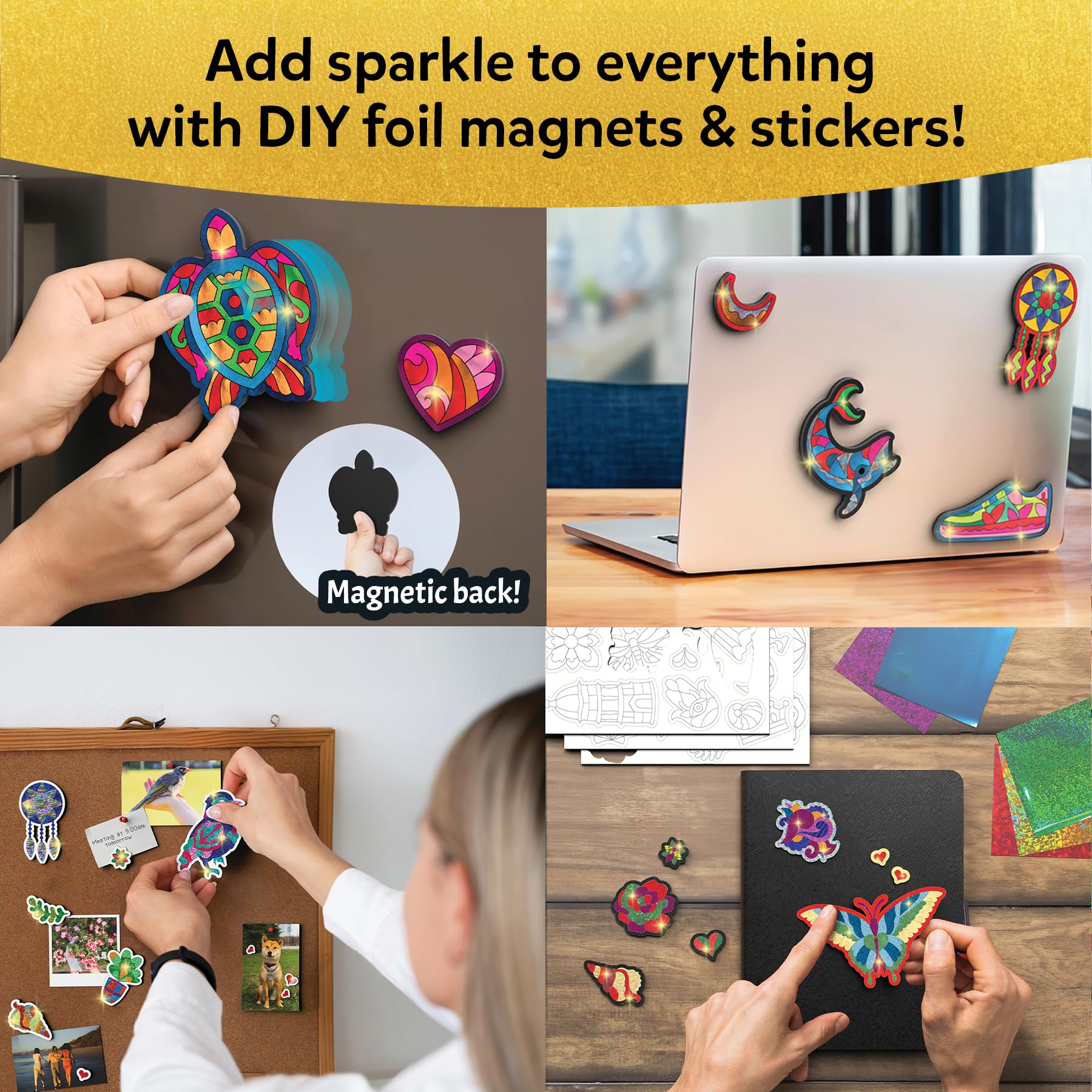 Skillmatics kit contents laid out to show stickers, magnets and foil, easy setup