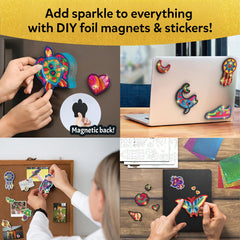 Skillmatics kit contents laid out to show stickers, magnets and foil, easy setup