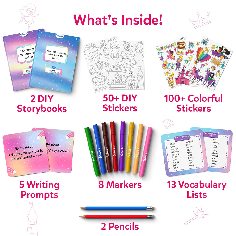 Skillmatics open hardbound storybooks revealing blank and guided pages