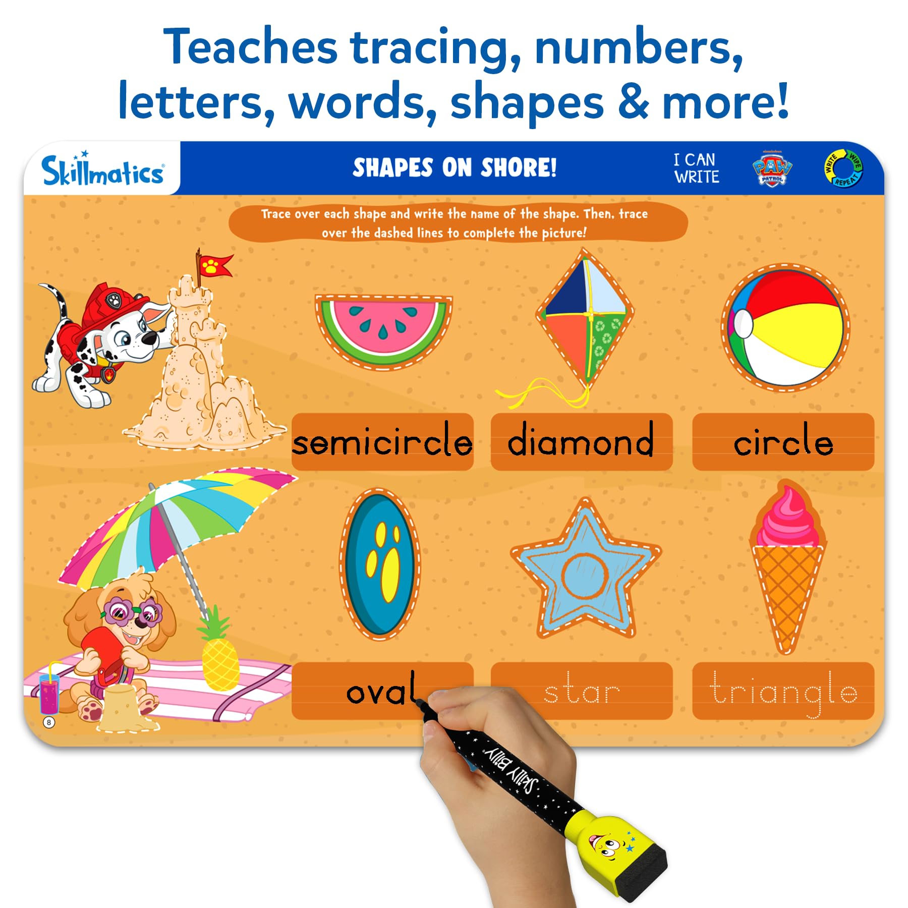 Child using Skillmatics mat tracing letters with a marker benefit: builds handwriting control