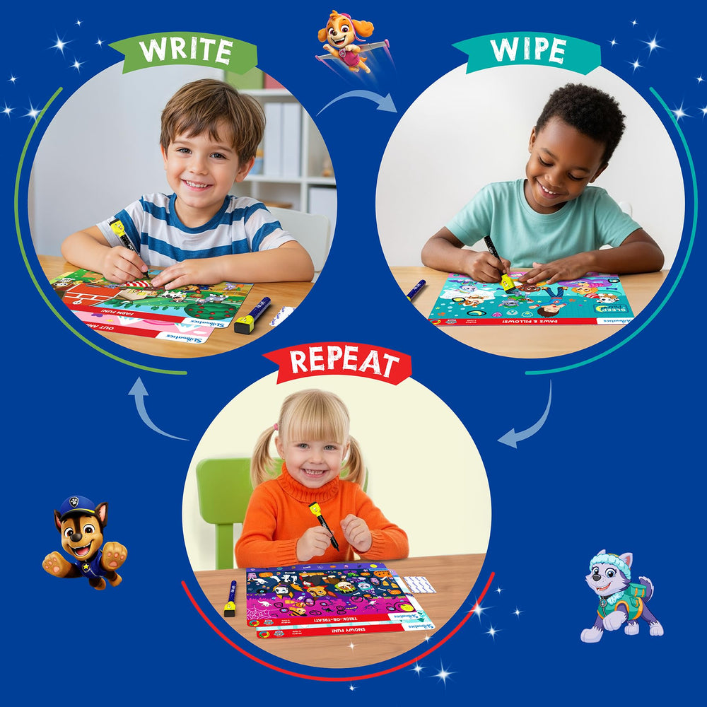 Child using Skillmatics PAW Patrol mat at table practicing observation and circling finds