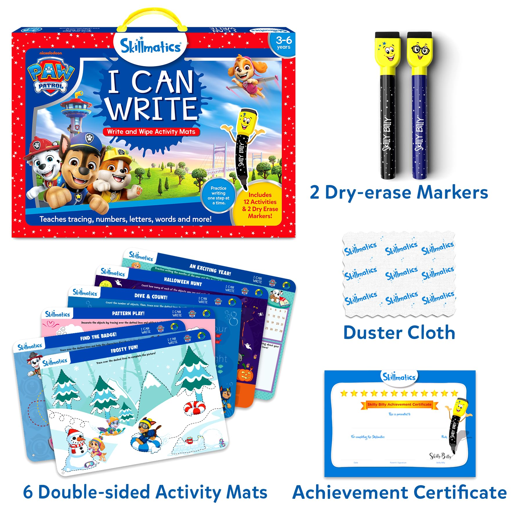Skillmatics double-sided mat close-up with PAW Patrol art showing wipe-clean tracing benefit