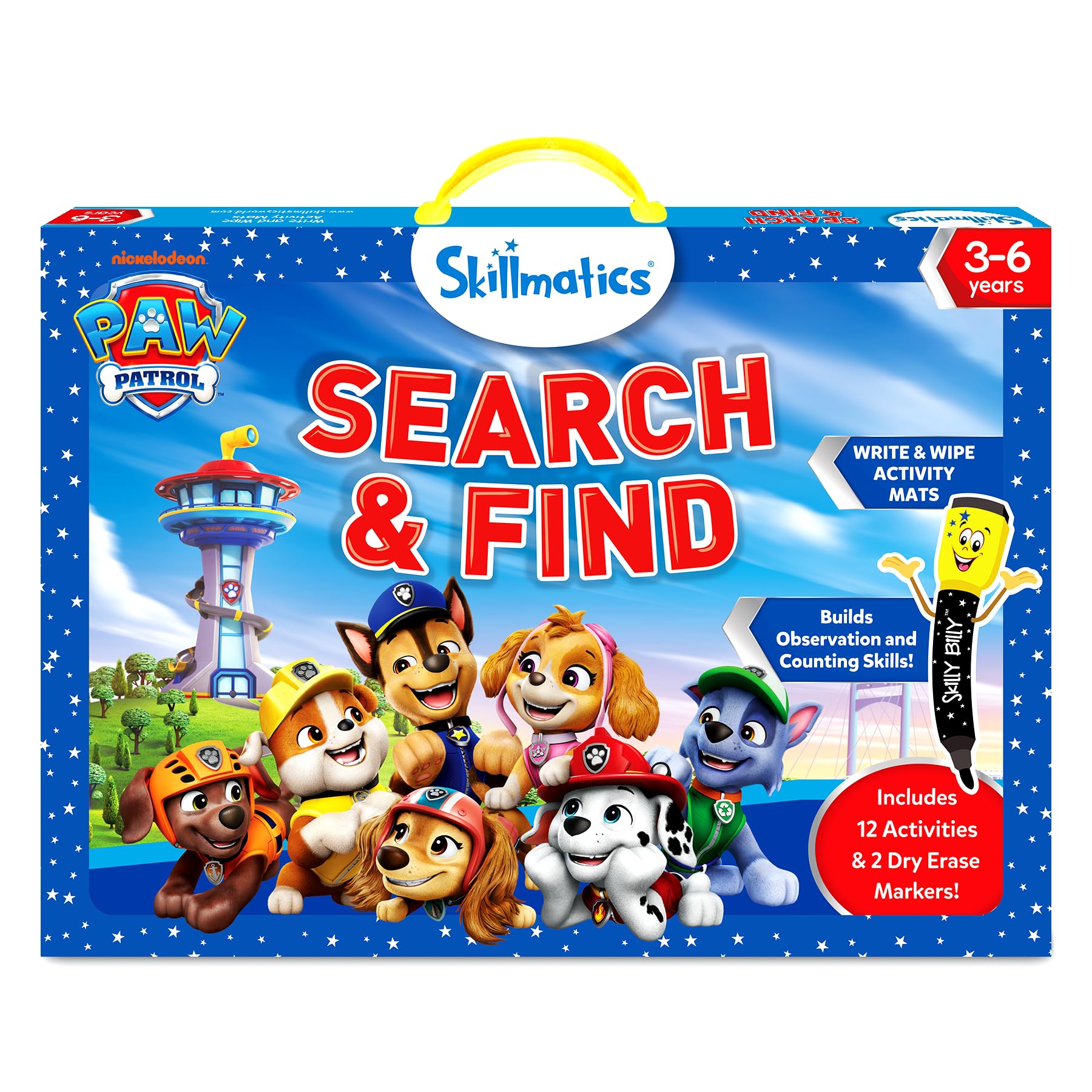 Skillmatics PAW Patrol front packaging showing included contents and bright characters