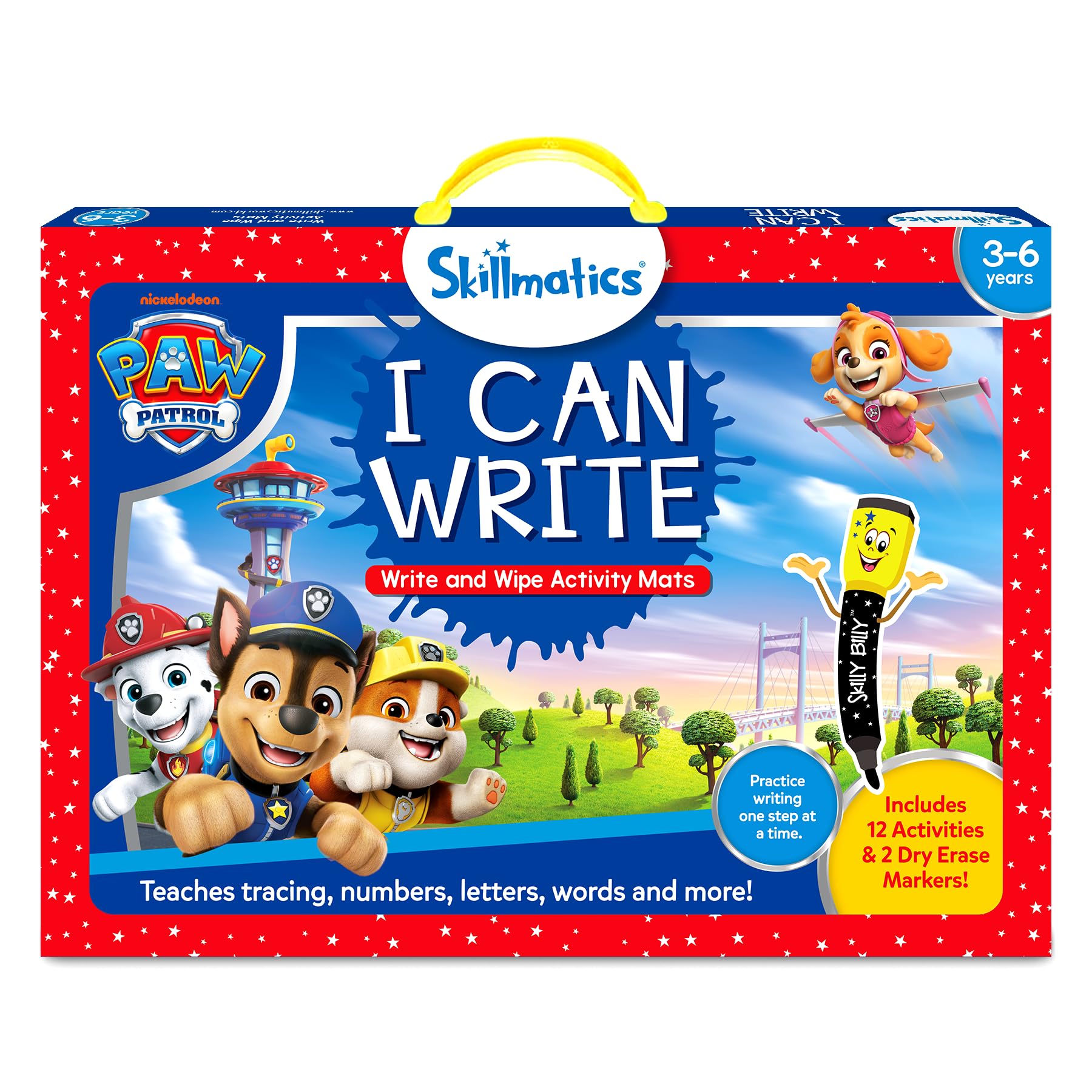Skillmatics product front packaging showing PAW Patrol characters and contents benefit: quick identification