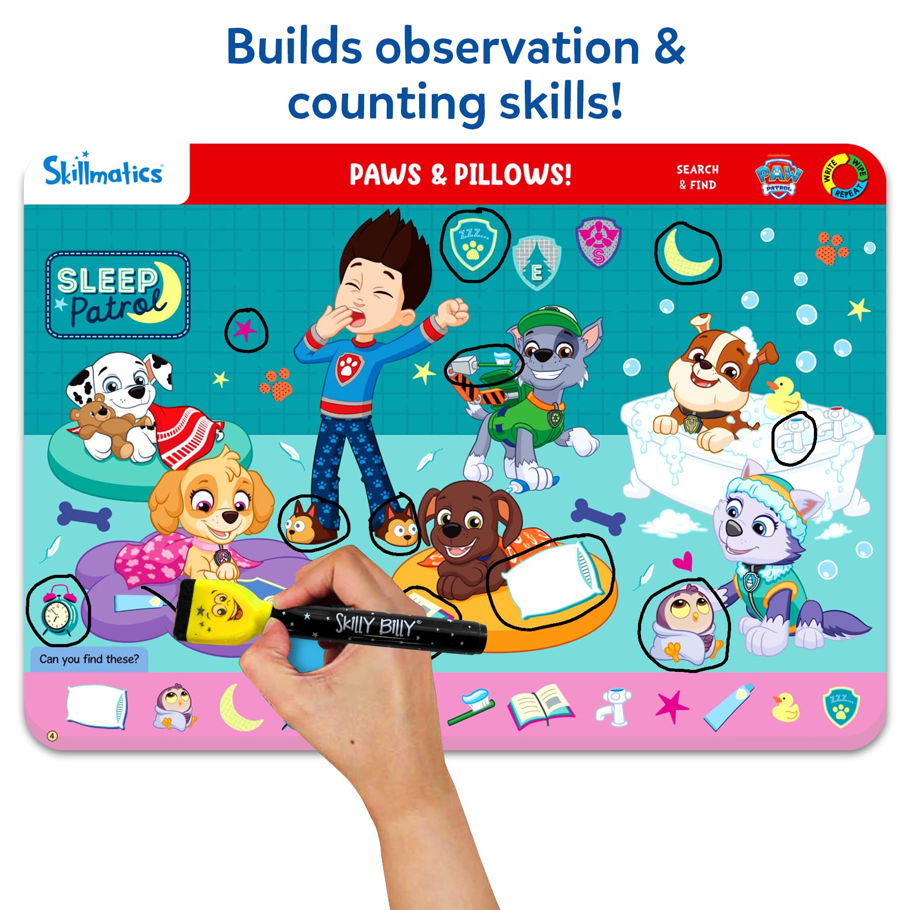 Skillmatics PAW Patrol two dry-erase markers and duster cloth arranged ready to use
