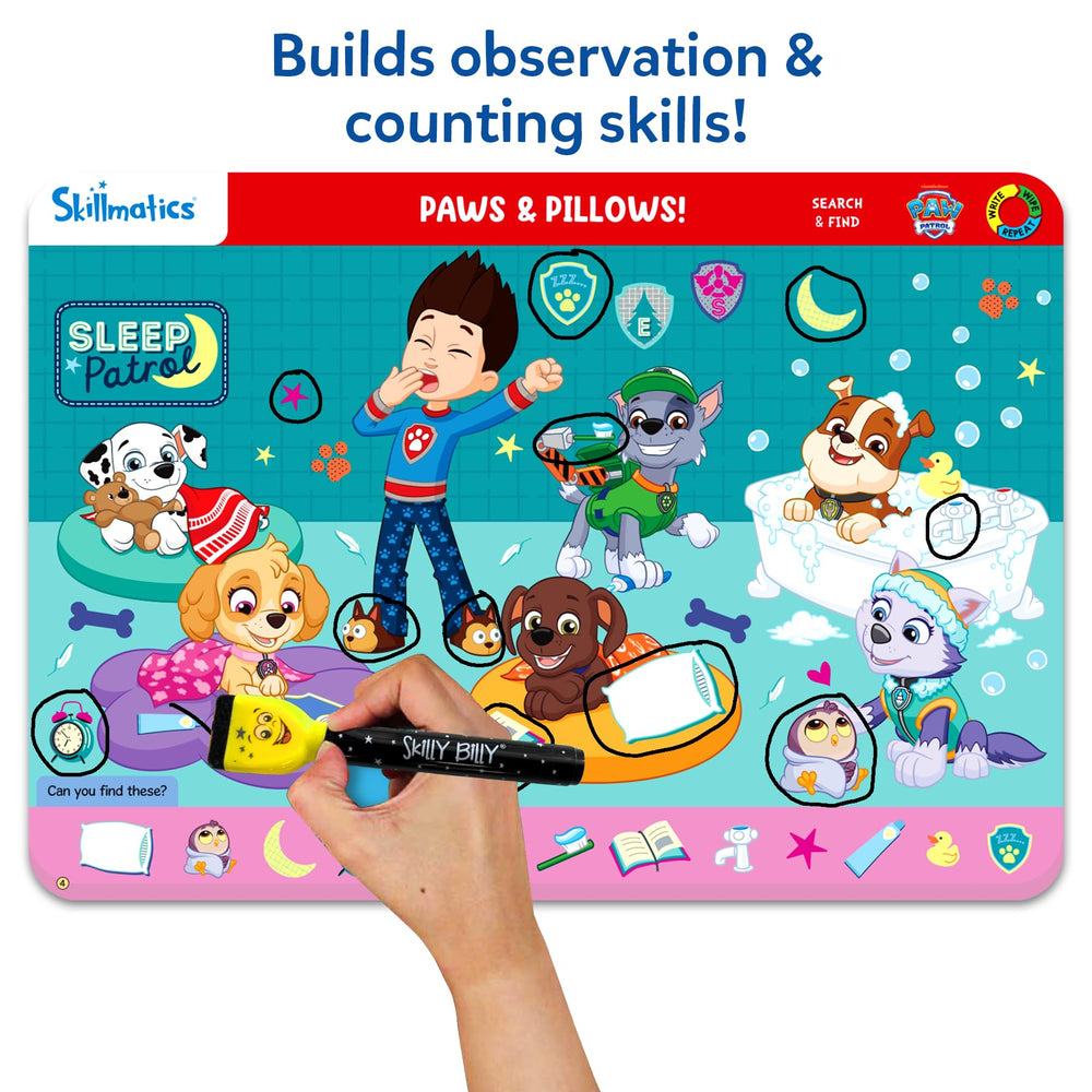 Skillmatics PAW Patrol two dry-erase markers and duster cloth arranged ready to use