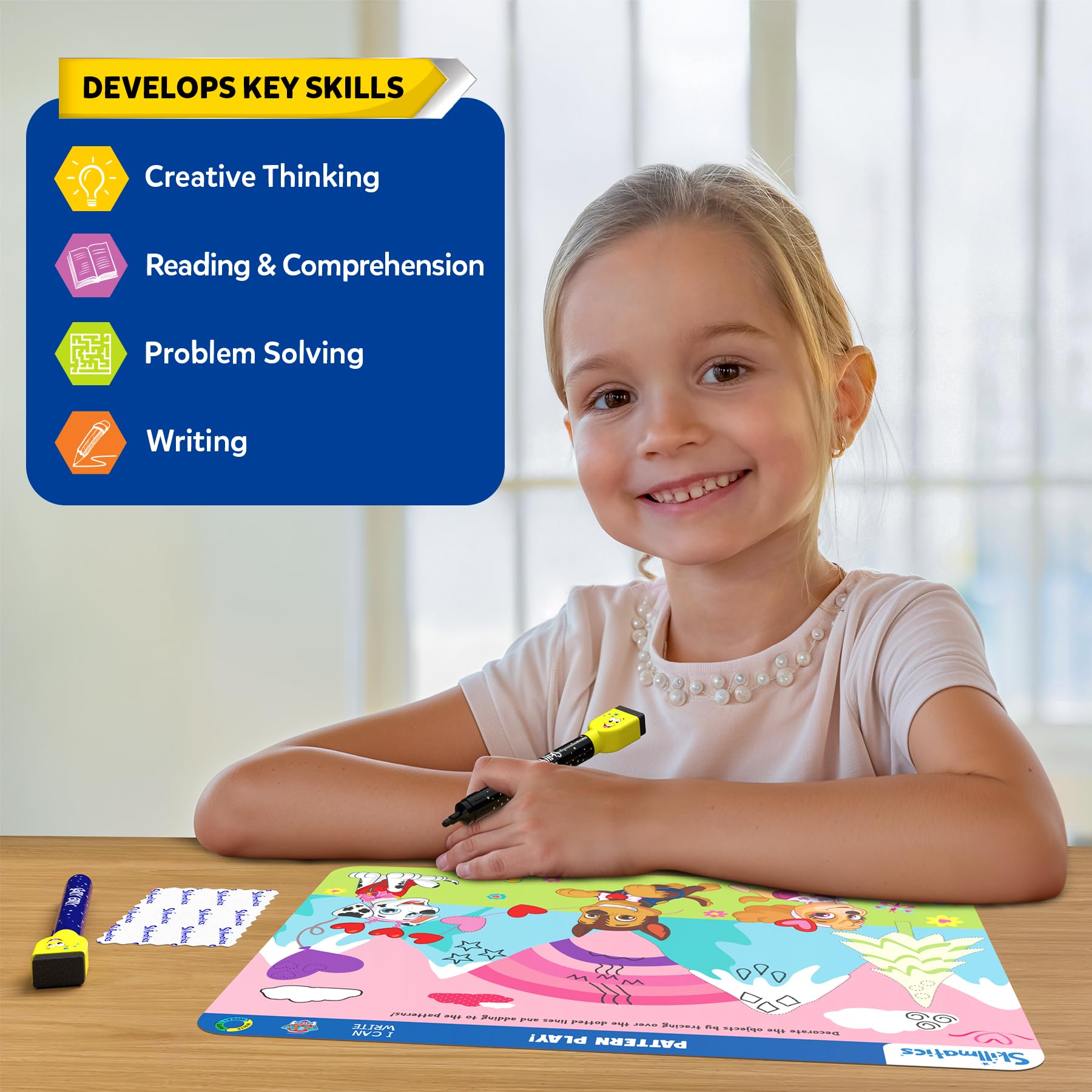 Skillmatics shapes and symmetry exercise on mat highlighting guided drawing benefit: improves spatial skills