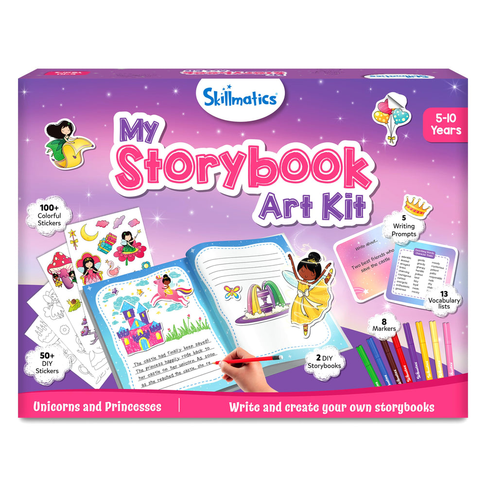 Skillmatics front packaging showing kit contents and imaginative theme