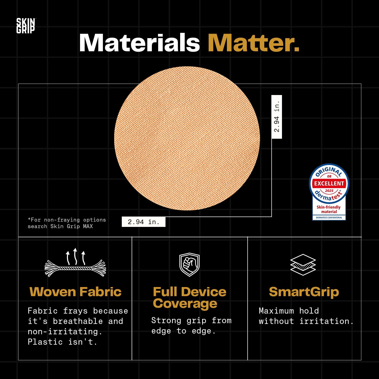 Skin Grip label and ingredients panel highlighting medical-grade materials benefit