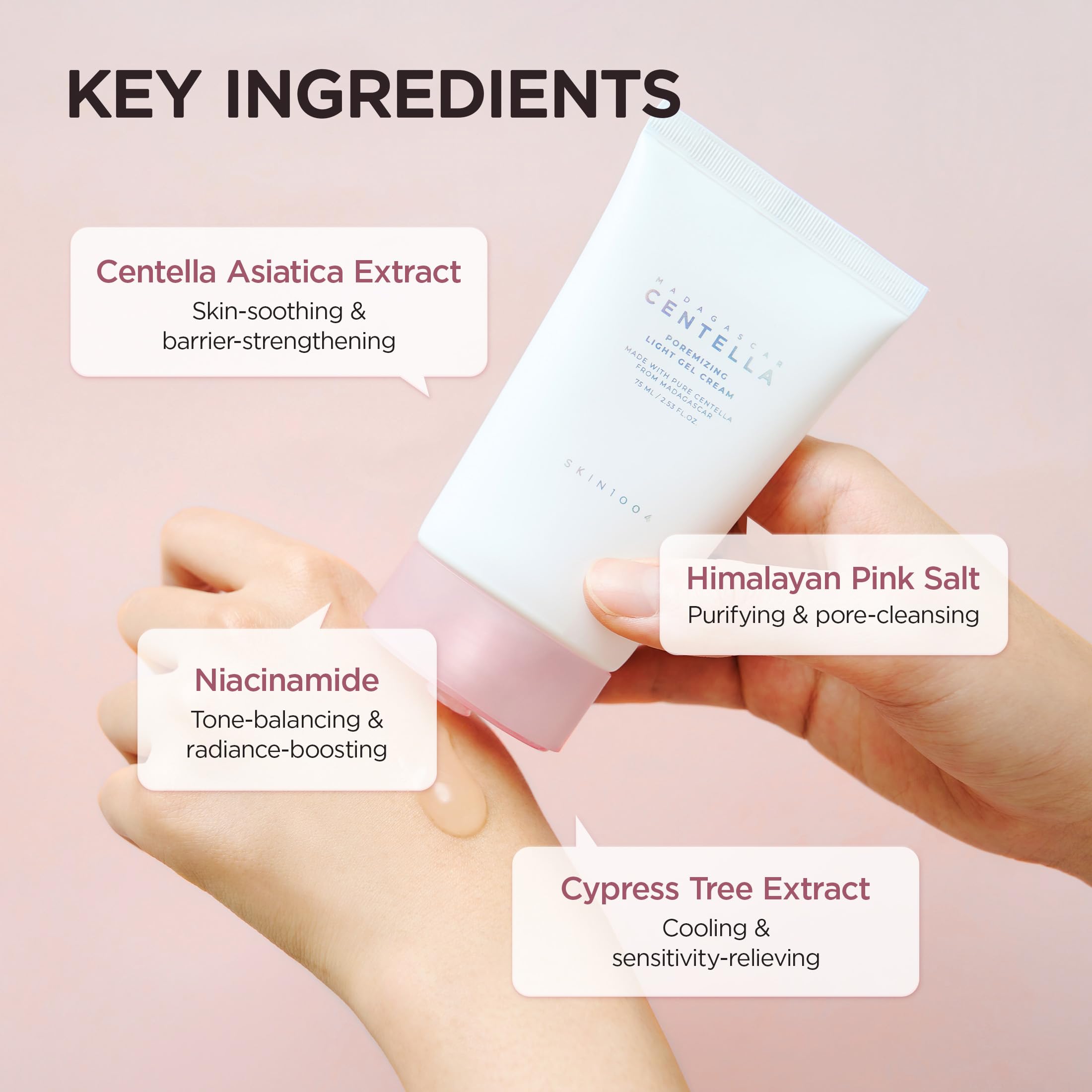 SKIN1004 size comparison with everyday items showing 75ml scale benefit: travel-friendly