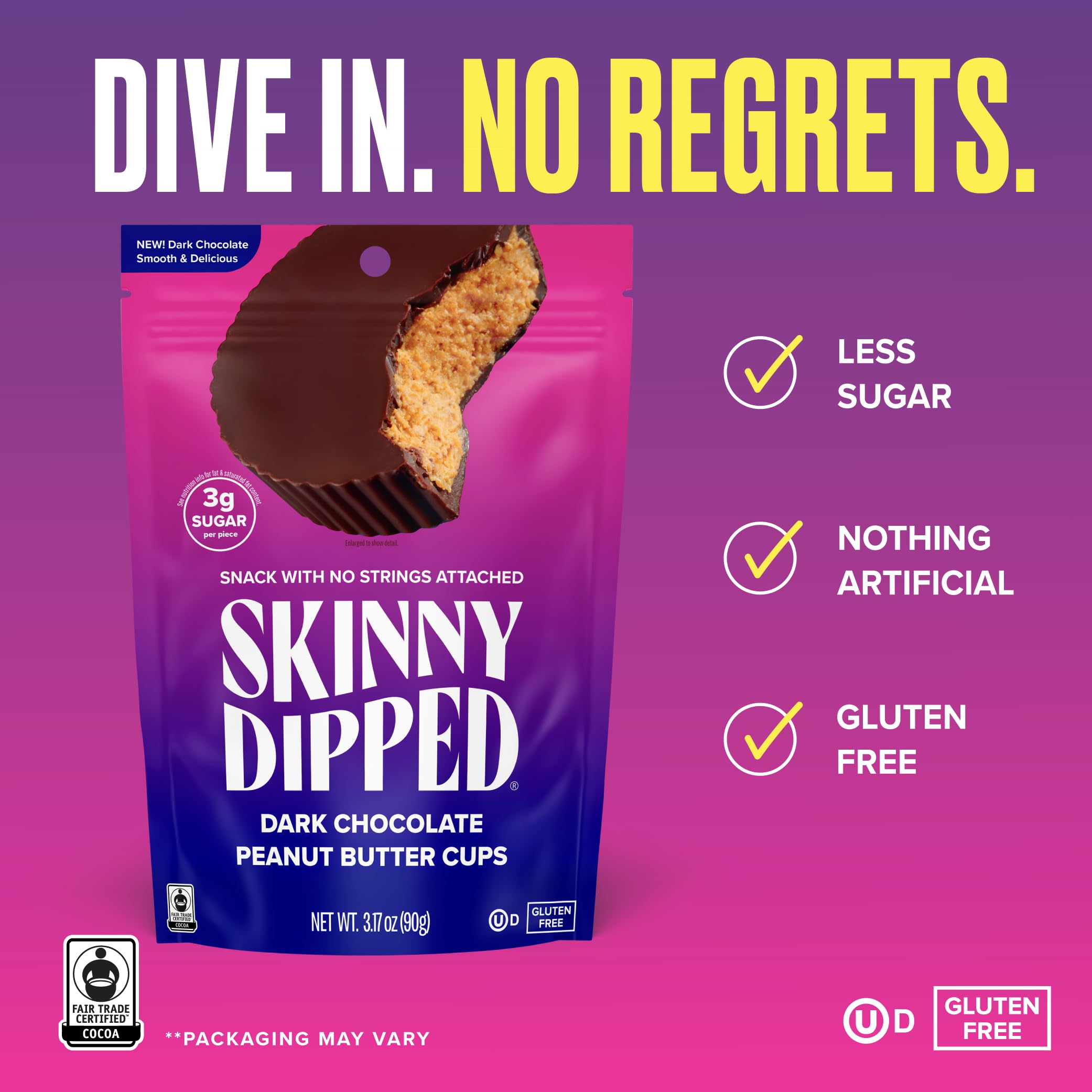 SKINNYDIPPED open bag with multiple cups displayed to show quantity and resealable convenience