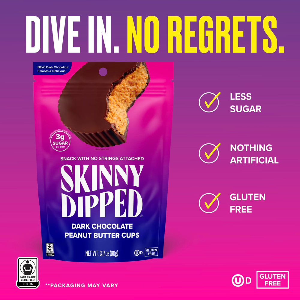 SKINNYDIPPED open bag with multiple cups displayed to show quantity and resealable convenience