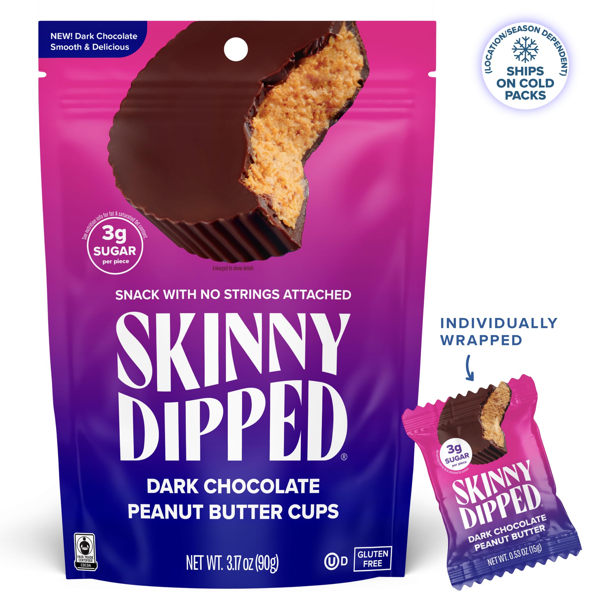 SKINNYDIPPED peanut butter cup cross-section revealing creamy center and thin dark chocolate shell