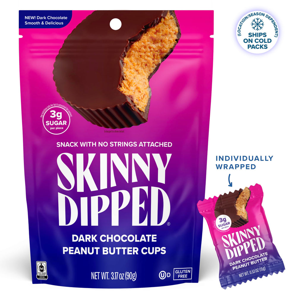 SKINNYDIPPED peanut butter cup cross-section revealing creamy center and thin dark chocolate shell