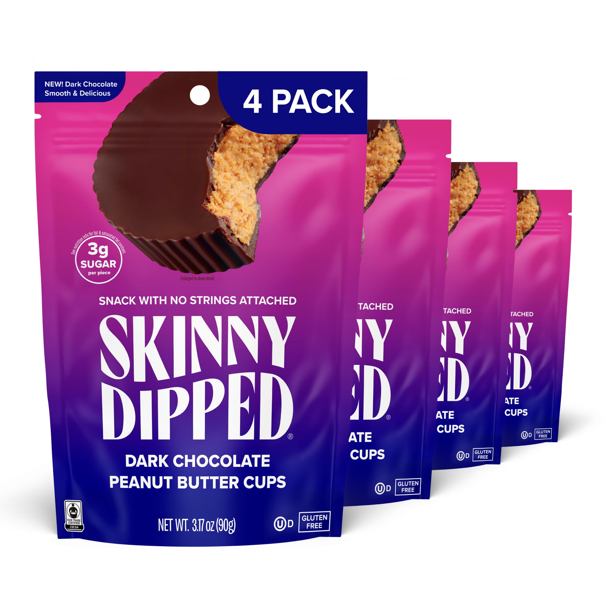 SKINNYDIPPED front packaging showing four 3.17oz bags and product branding for convenient storage