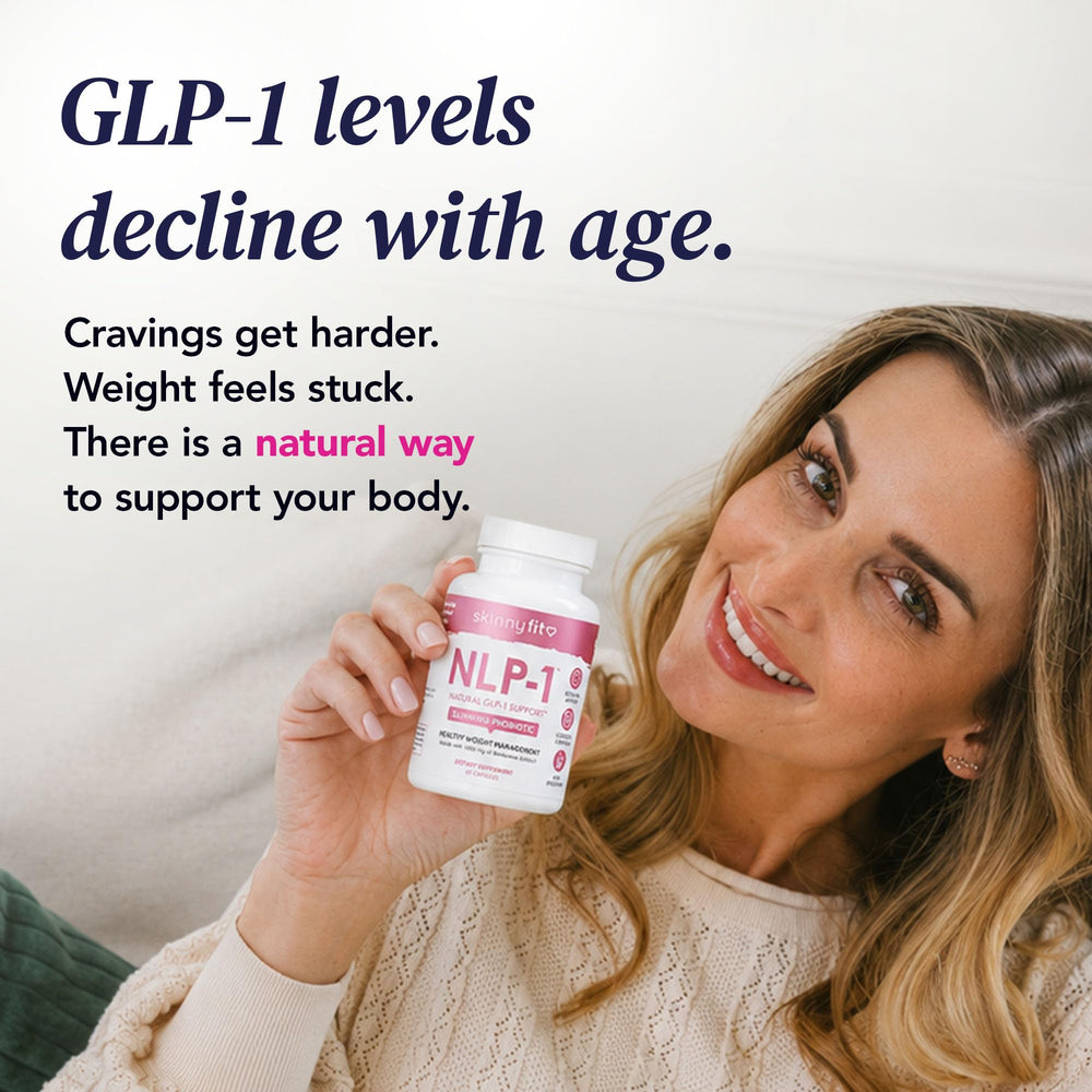 overhead view of SkinnyFit NLP-1 bottle open with capsules visible for portion clarity