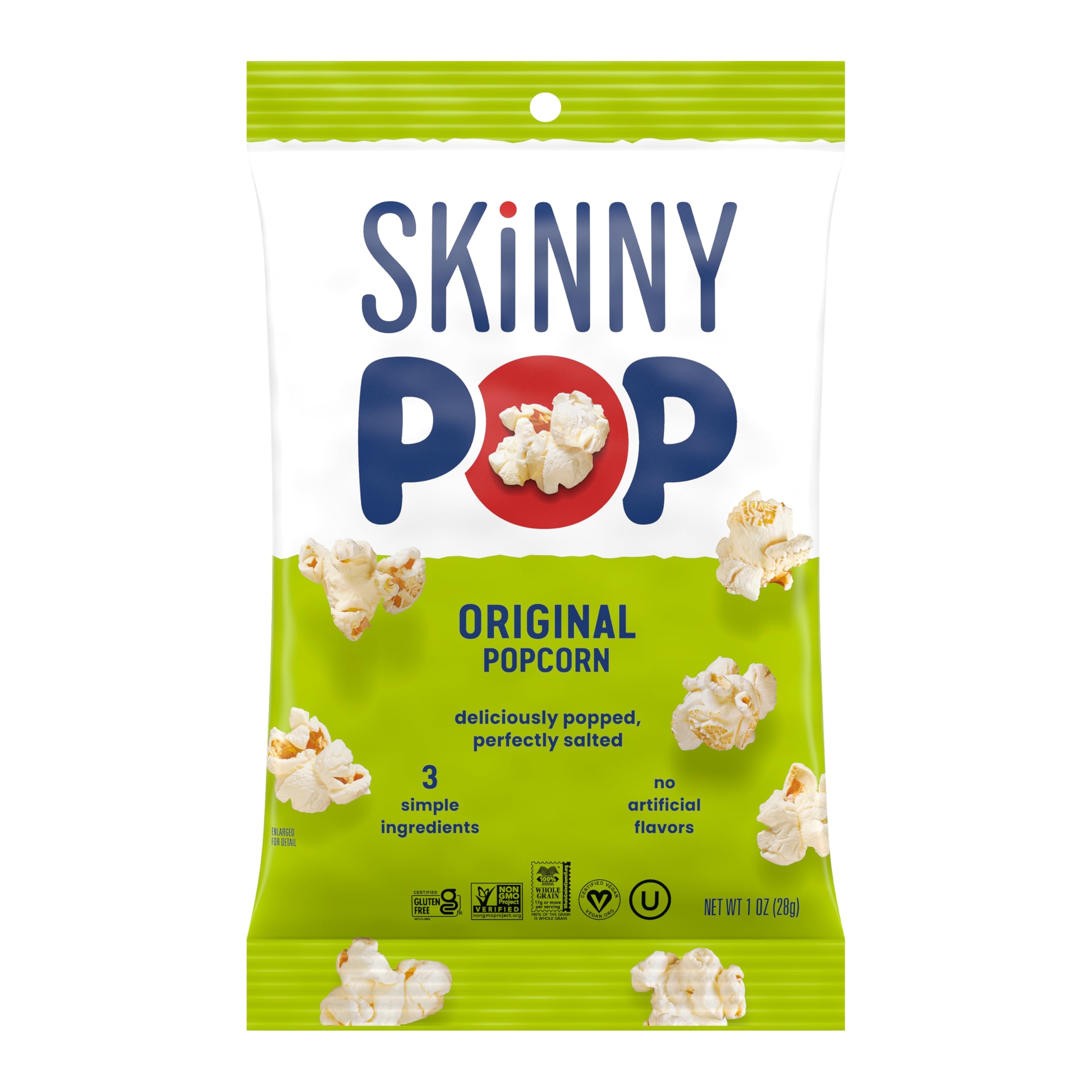 SKINNYPOP opened bag poured onto plate showing ready-to-eat benefit