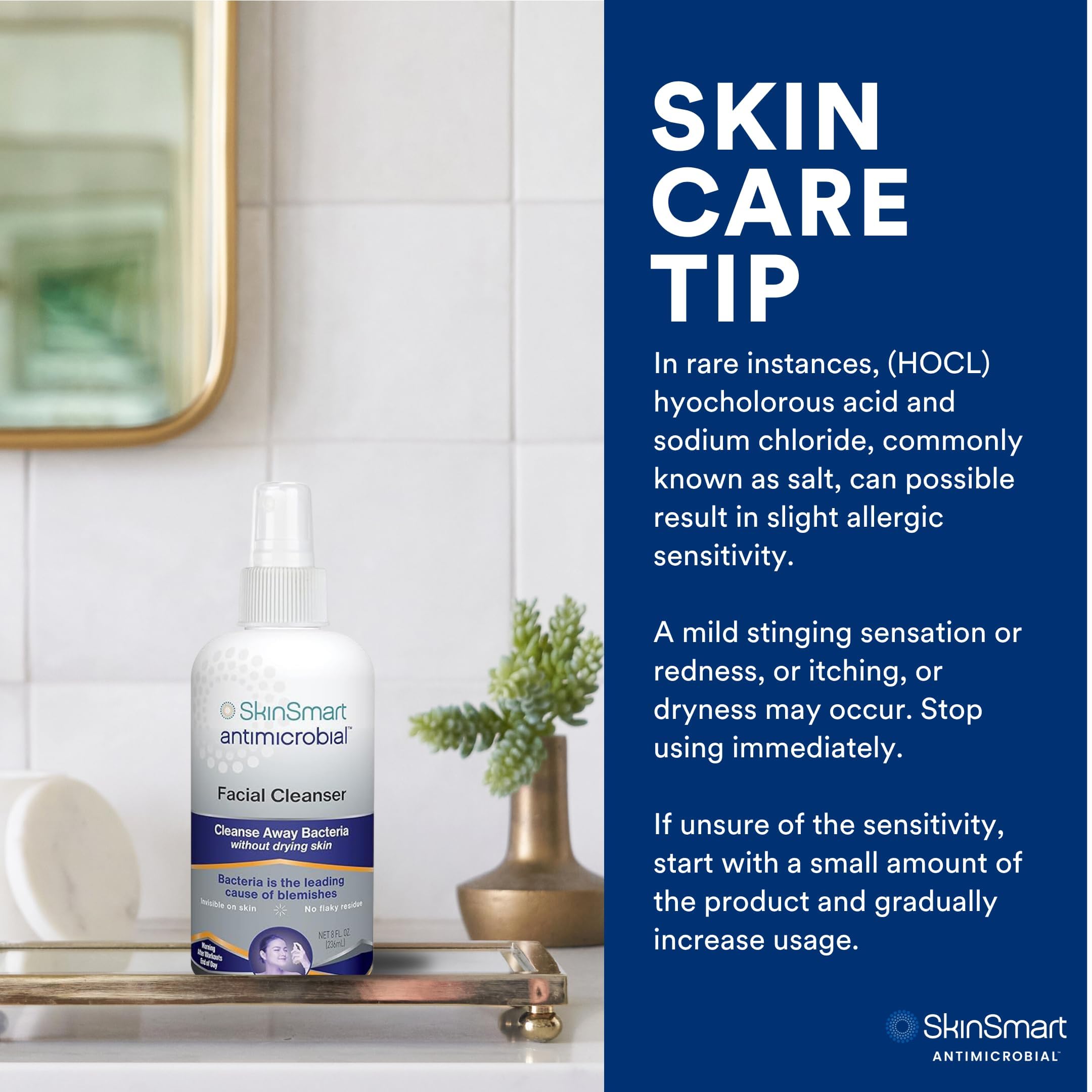 SkinSmart bottle in hand for scale to show compact 3.4 oz travel-friendly size benefit