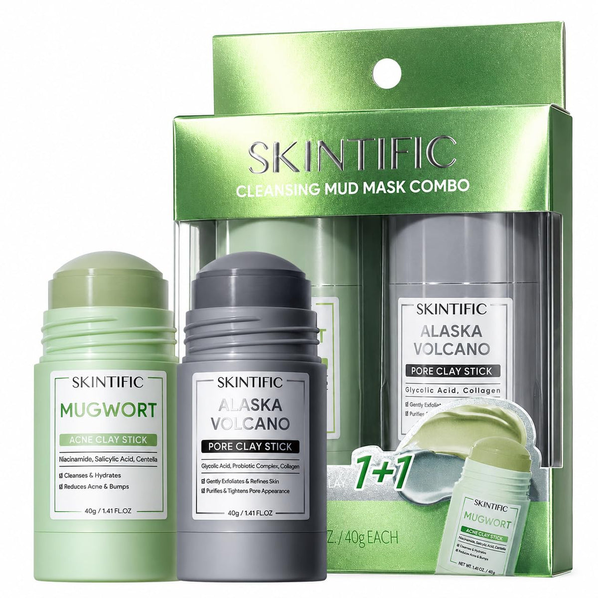 SKINTIFIC front packaging of clay mask stick set showing both sticks, travel-ready benefits