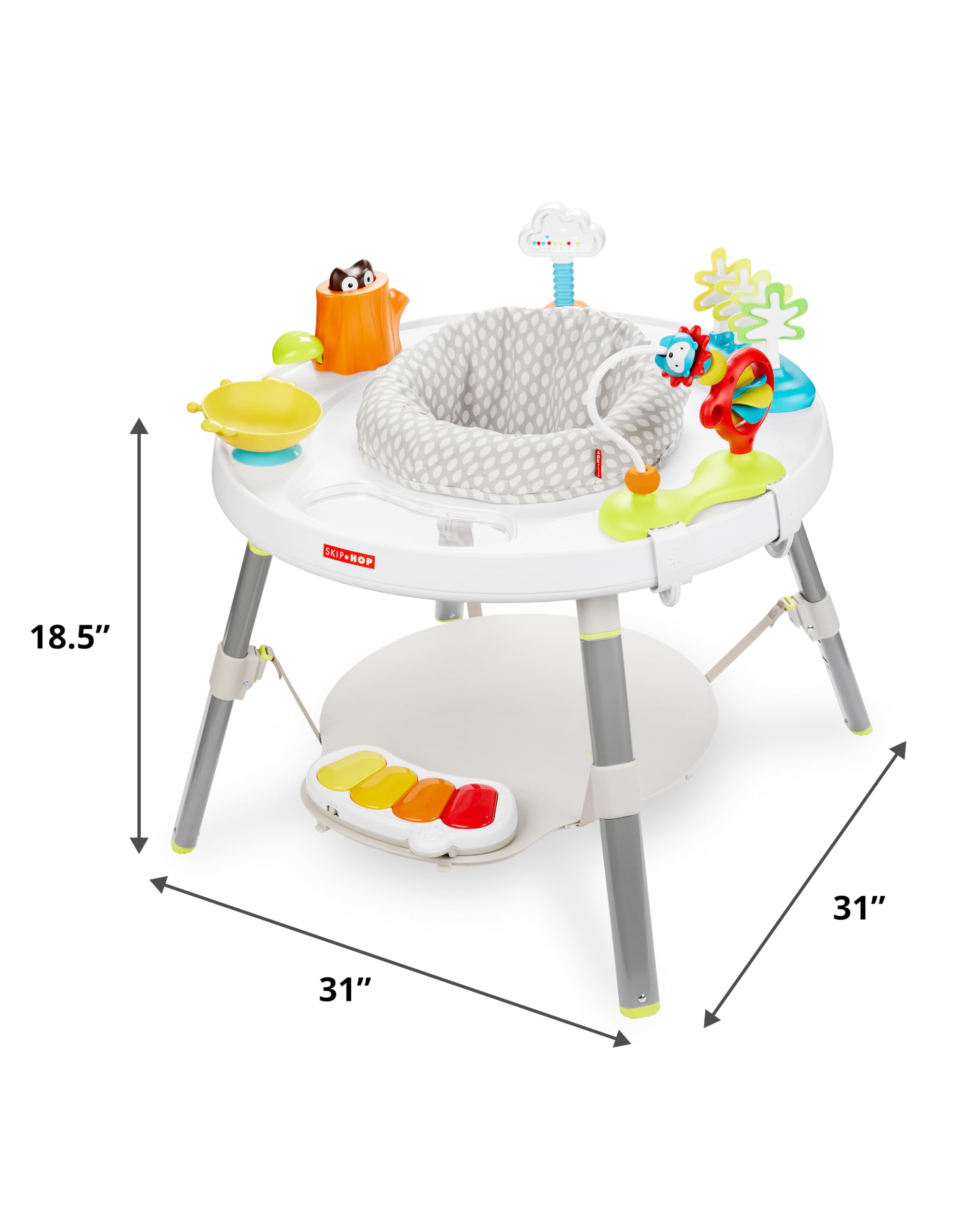 Skip Hop baby seated to show scale and encourage core strength with swivel access