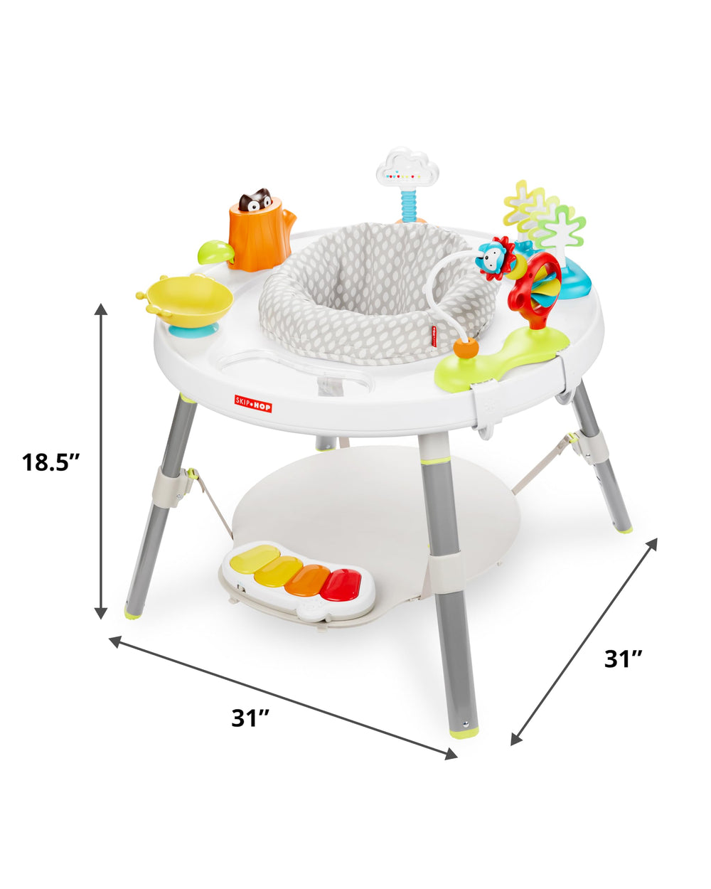 Skip Hop baby seated to show scale and encourage core strength with swivel access