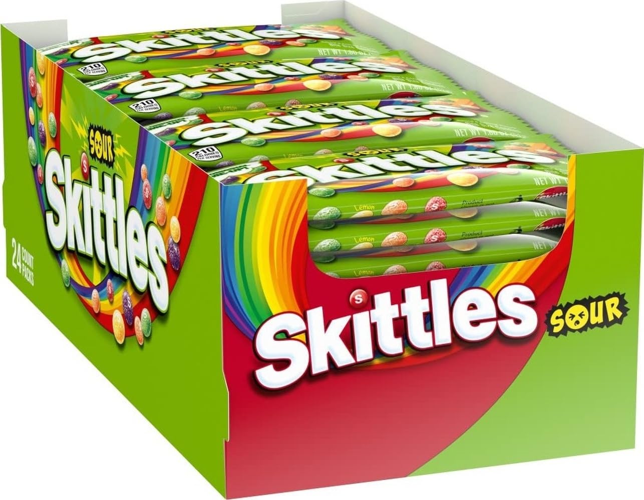 Skittles front packaging showing brand and full-size sour packs for quick identification