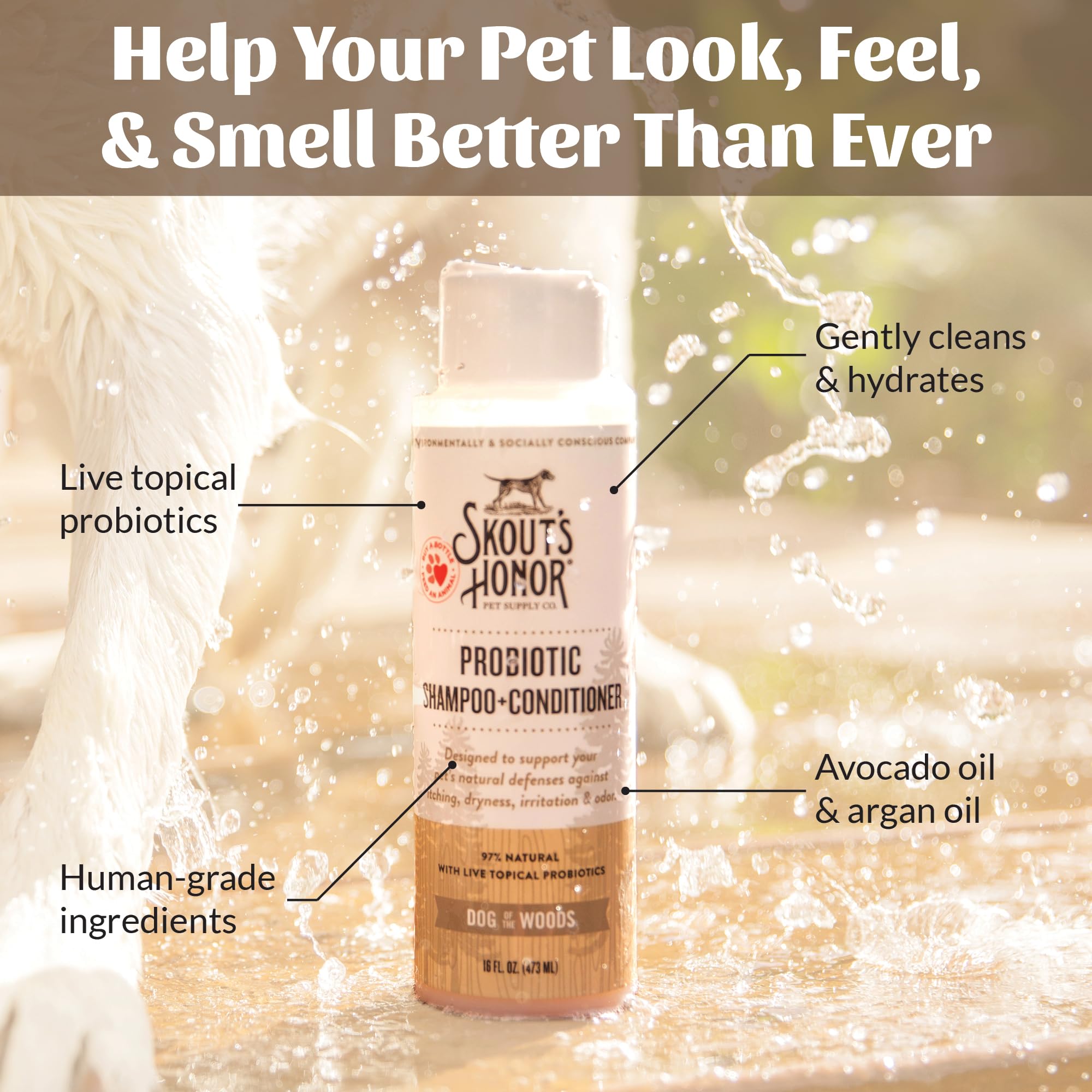 SKOUT'S HONOR applied to a wet dog showing even coat coverage