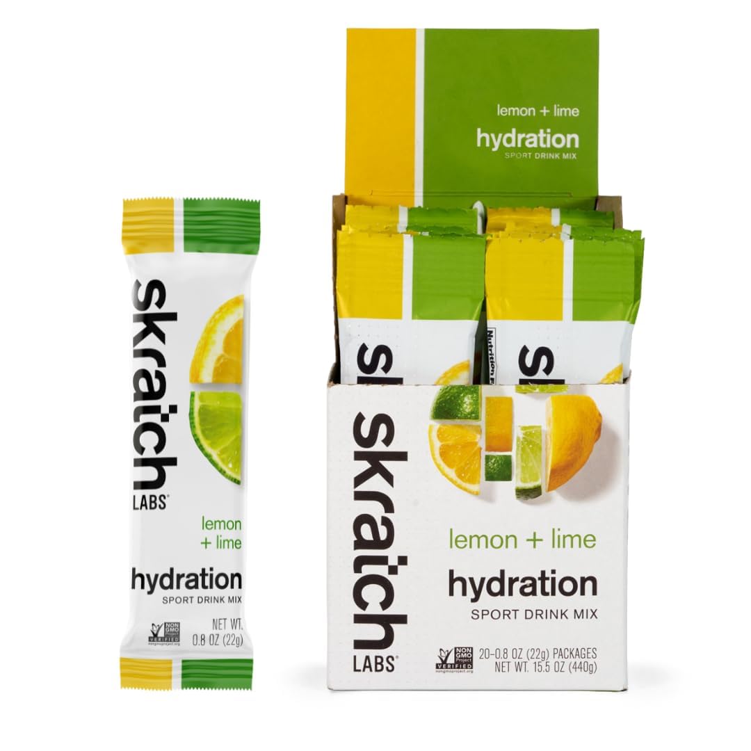 Skratch Labs front packaging showing Lemon Lime packets and benefits