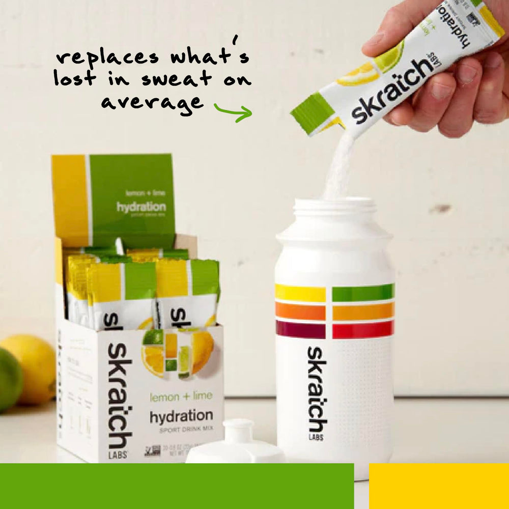 Skratch Labs packet in hand ready to mix, convenient for athletes