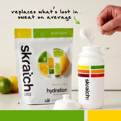 Skratch Labs powder dissolving in water to show rapid mixing and smooth, drinkable consistency