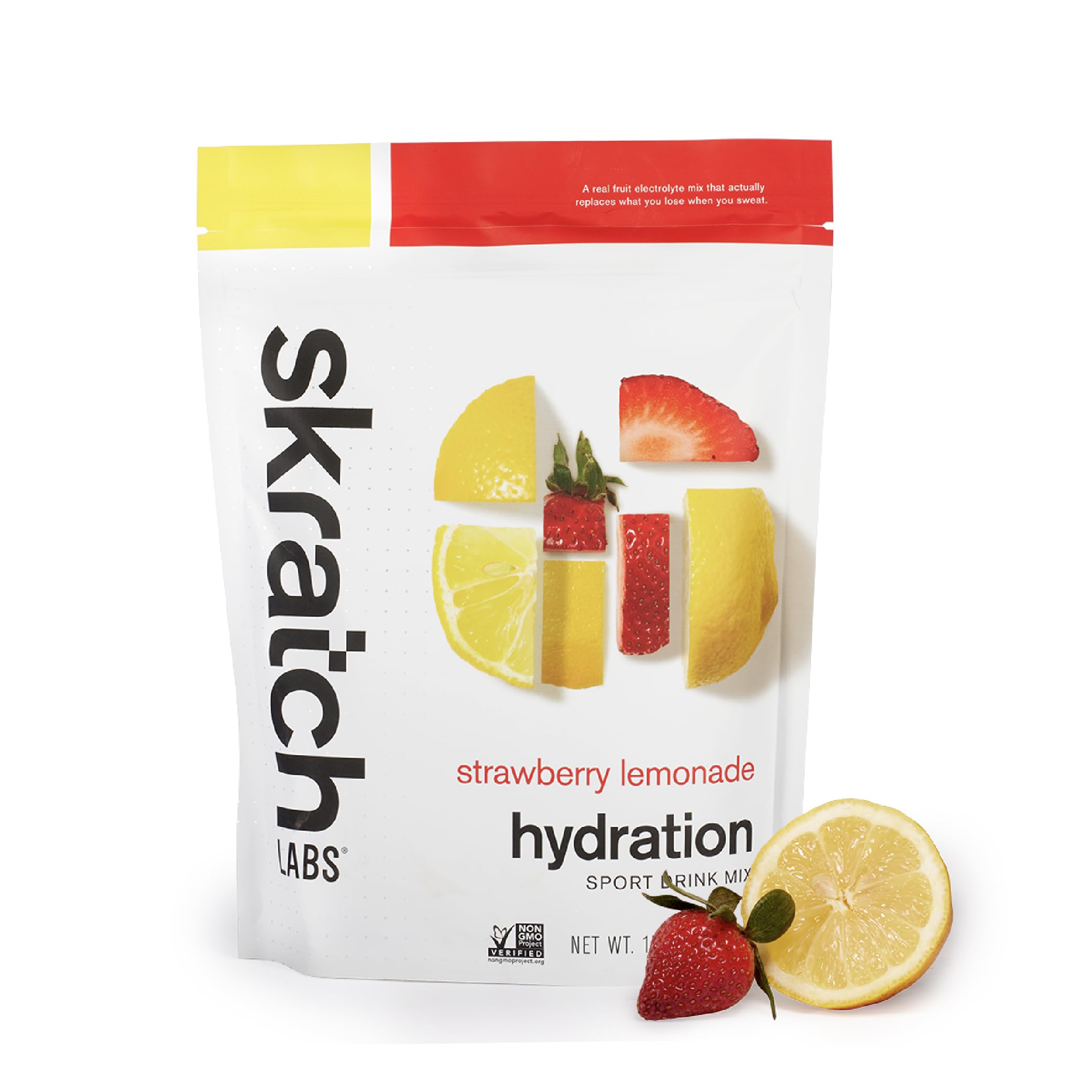 Skratch Labs front packaging showing real fruit flavor and benefits