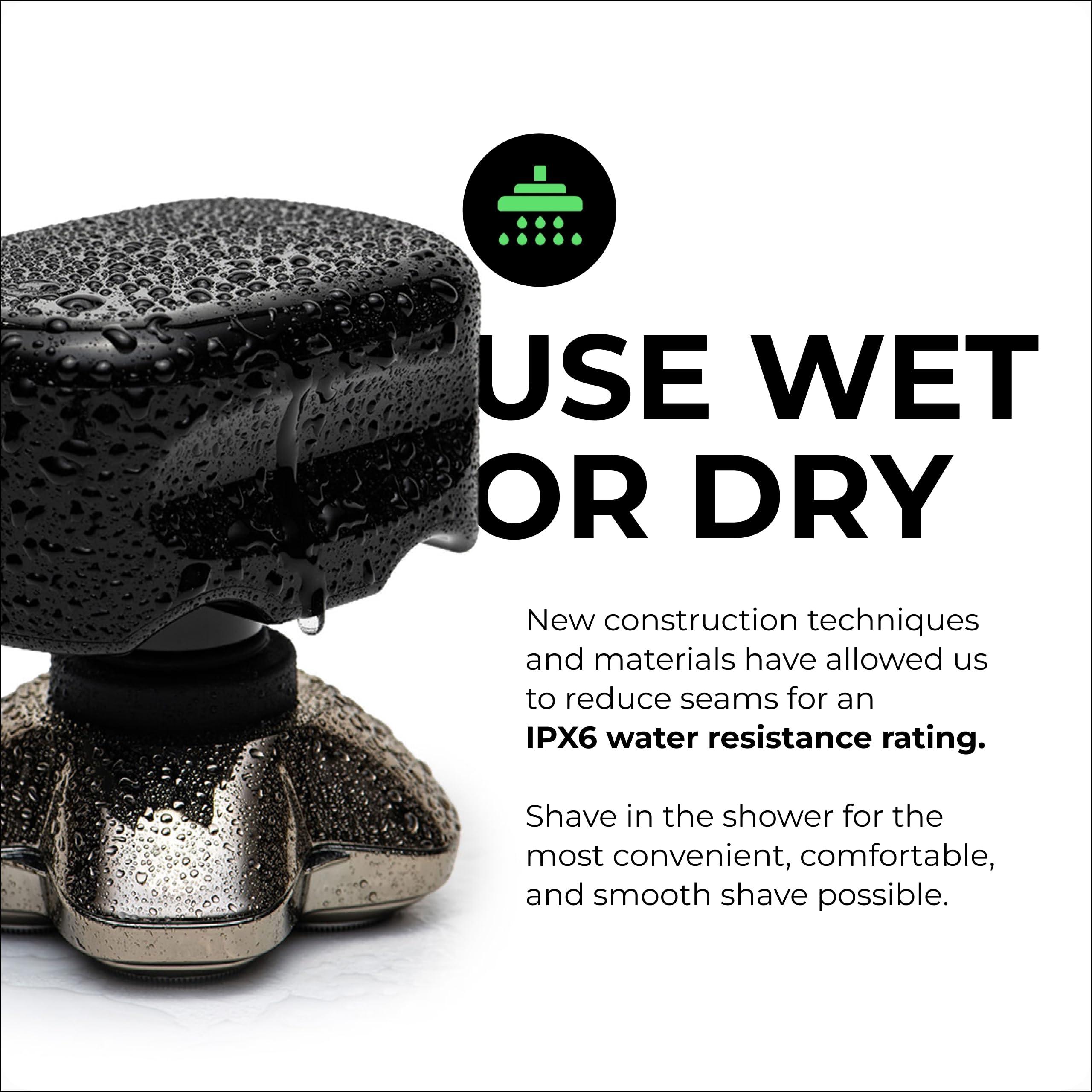 Skull Shaver used in shower demonstrating wet shave capability