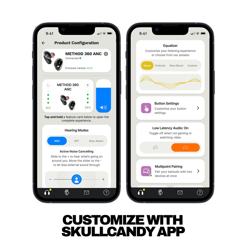 Skullcandy app on phone showing ANC and Stay-Aware mode controls