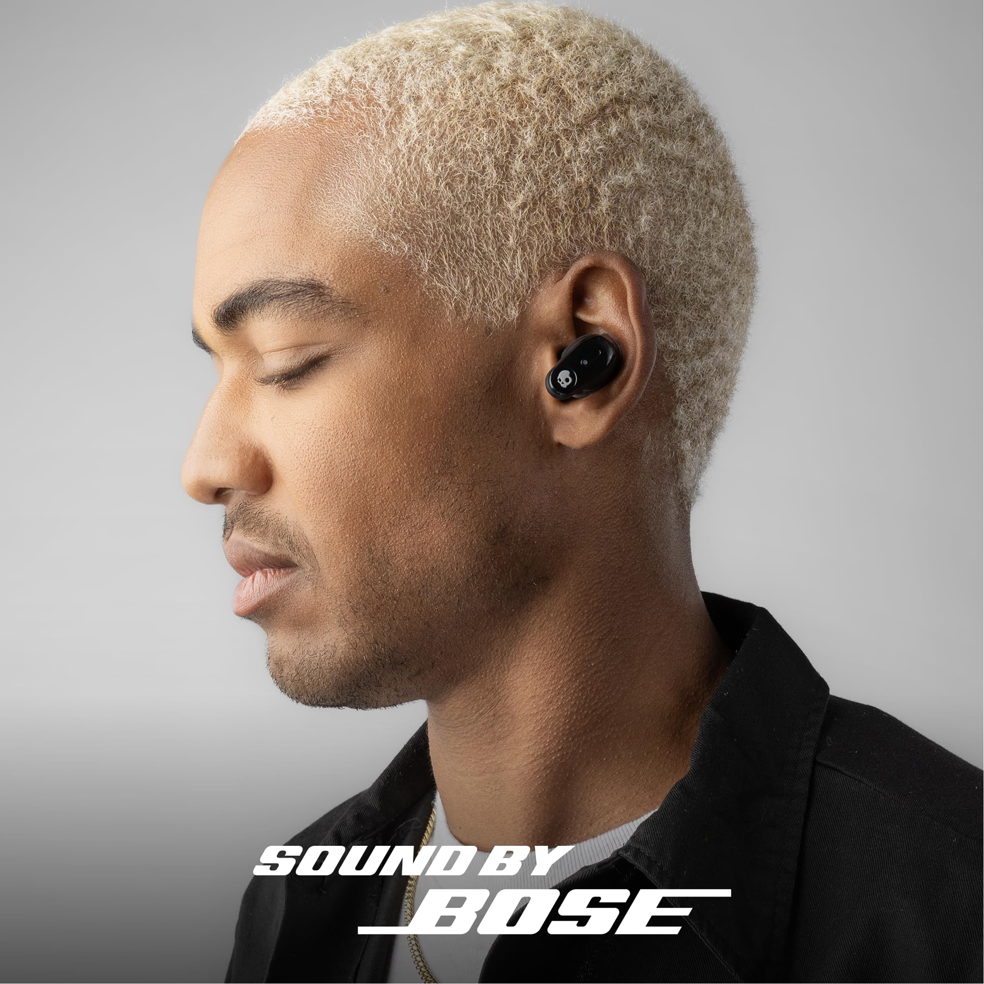 Skullcandy close-up of True Black earbuds highlighting premium finish