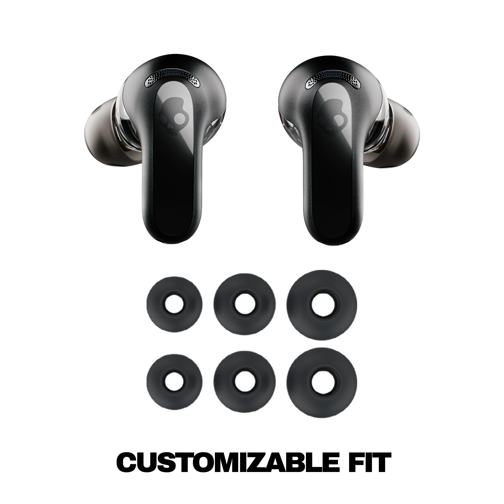 Skullcandy earbuds with water droplets demonstrating sweat resistance