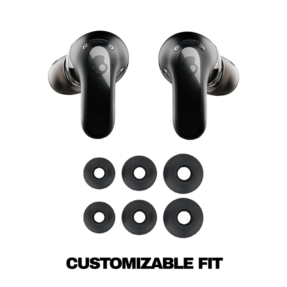 Skullcandy earbuds with water droplets demonstrating sweat resistance