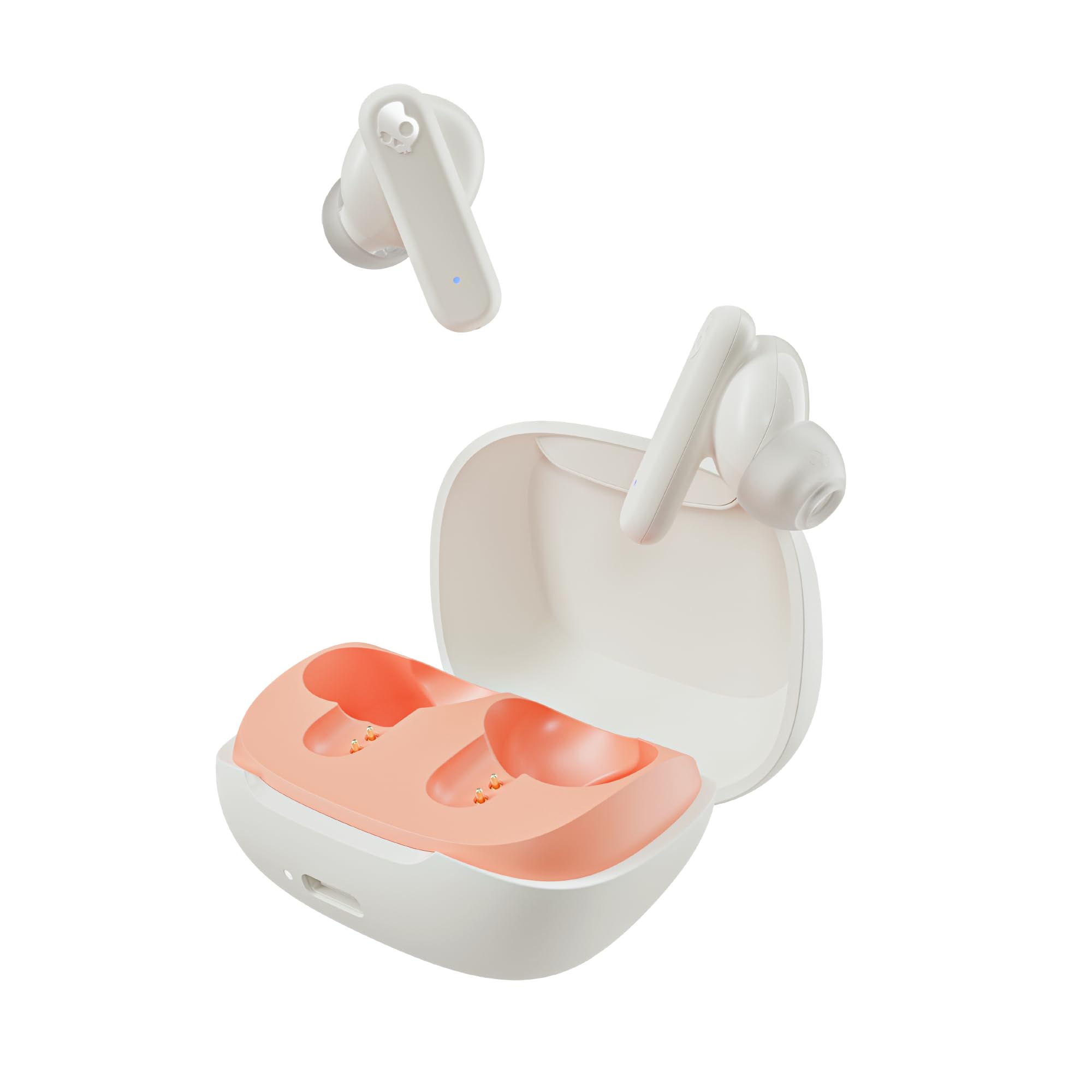 Skullcandy Smokin’ Buds open case front view showing earbuds and battery benefit