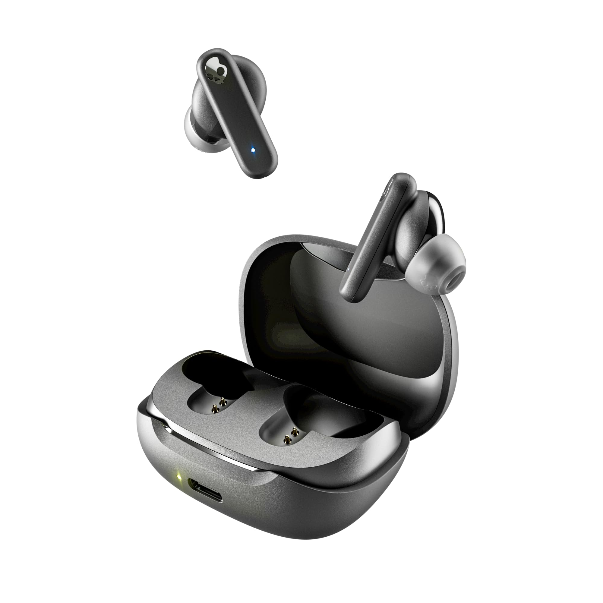 Skullcandy Smokin’ Buds front view showing sleek True Black finish and case