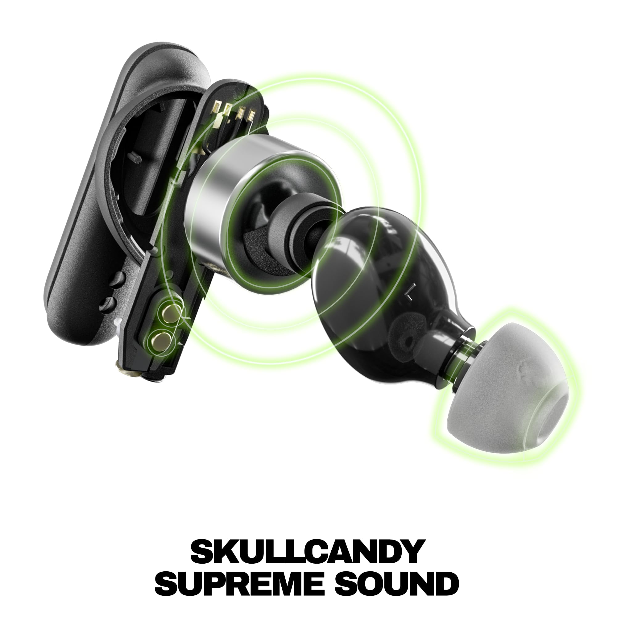 Skullcandy Smokin’ Buds beside a coin for scale showing compact size