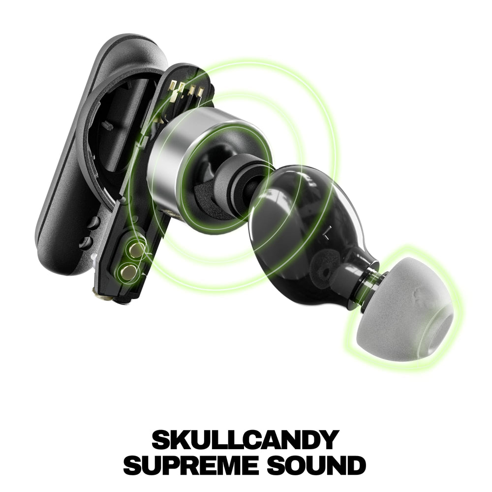 Skullcandy Smokin’ Buds beside a coin for scale showing compact size