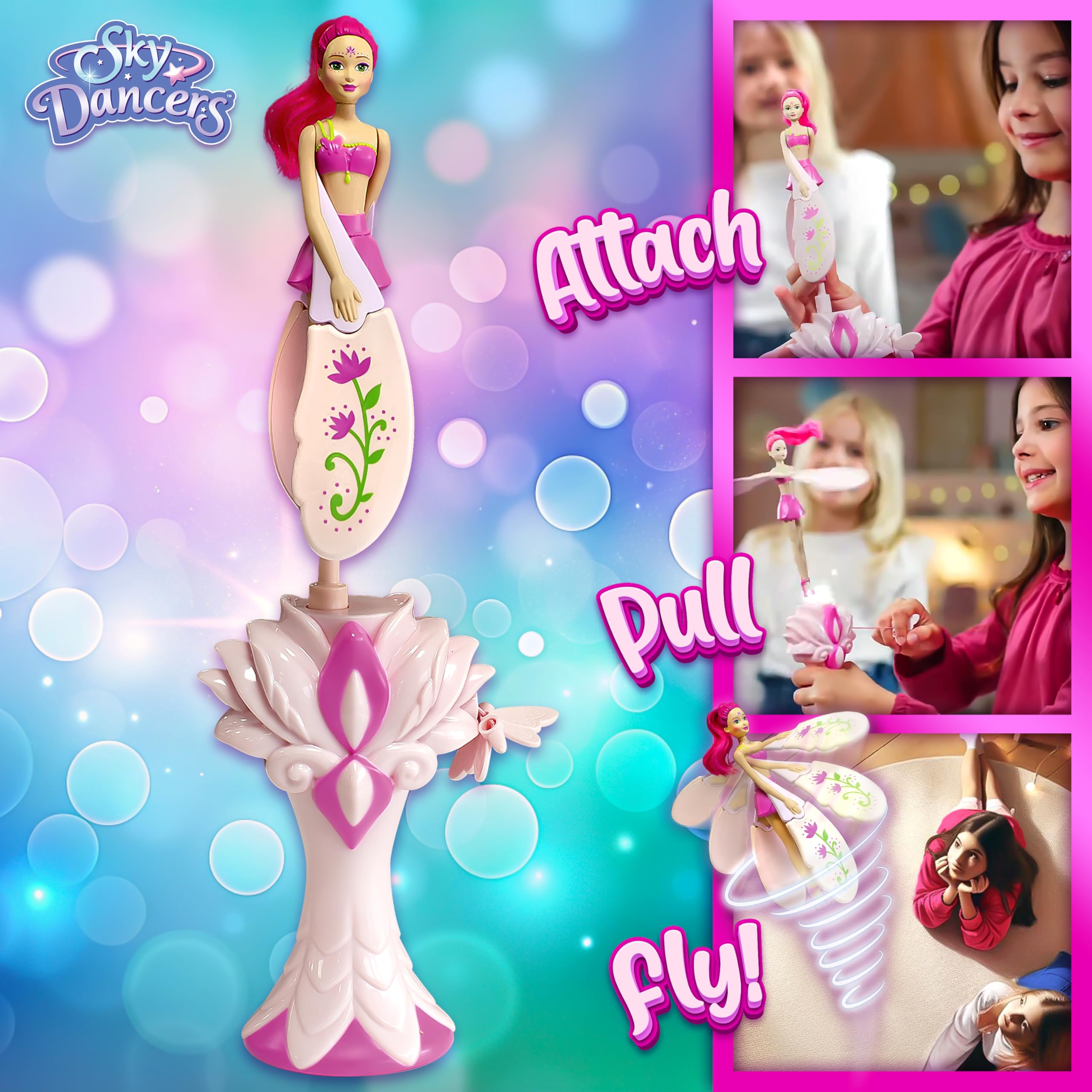 Sky Dancers doll mid-flight in living room demonstrating safe indoor spinning and play value