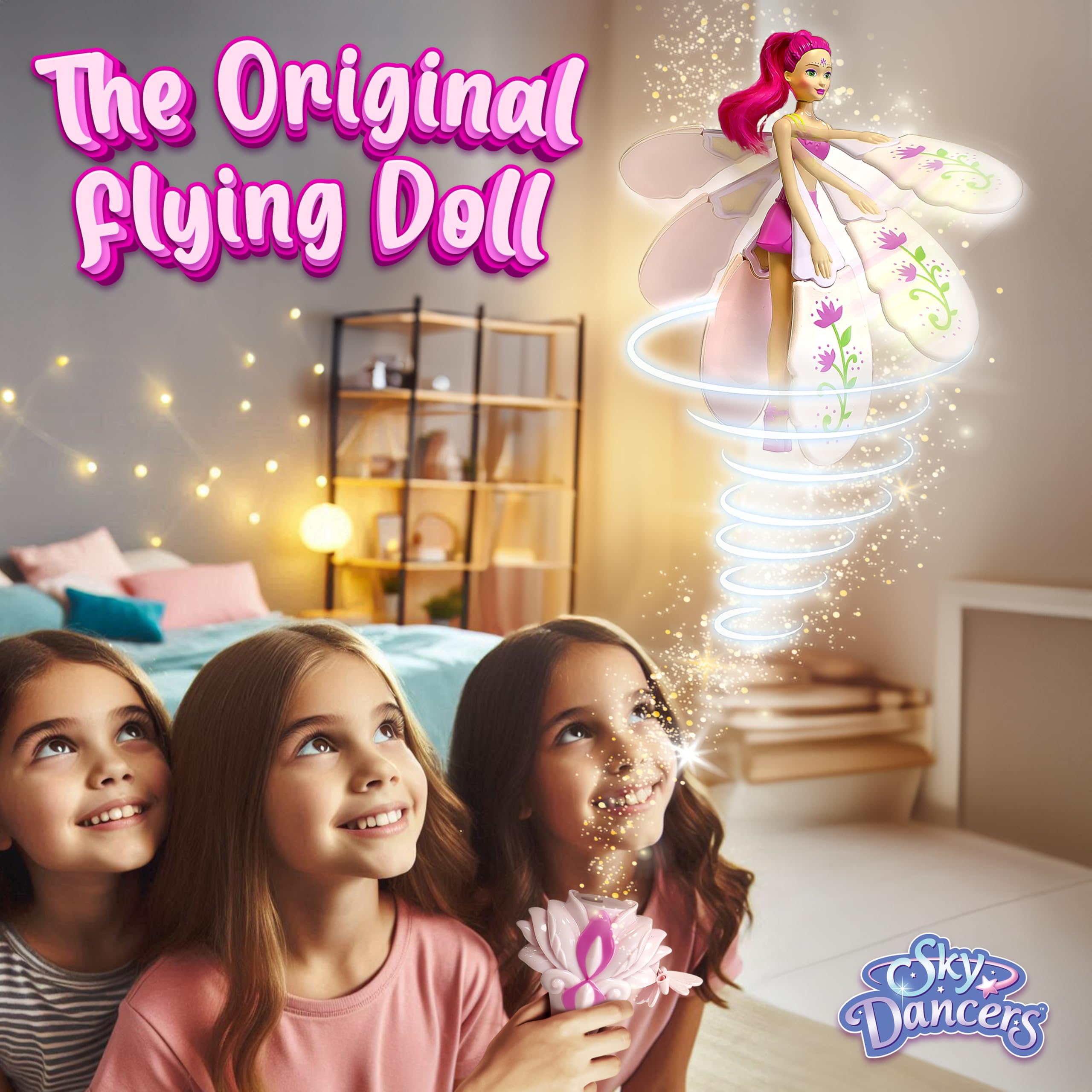 Sky Dancers close-up of fuchsia glitter wings highlighting decorative detail and flight sparkle