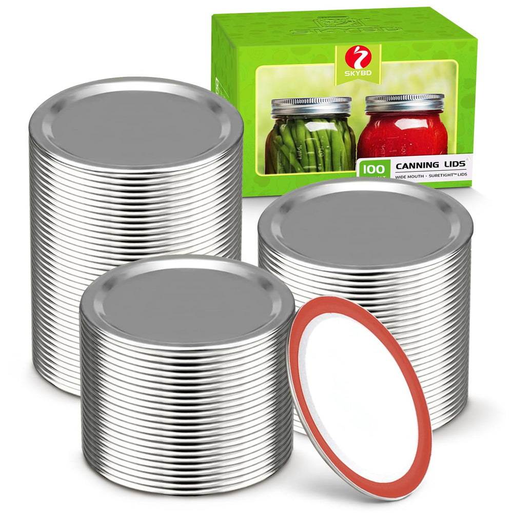 SKYBD front pack of 100 wide-mouth lids showing quantity and fit benefits