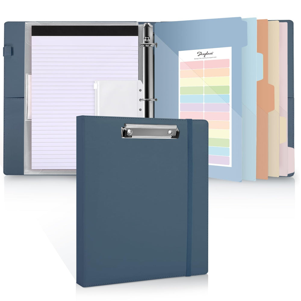 SKYDUE front view of binder folio showing secure elastic closure and faux leather durability