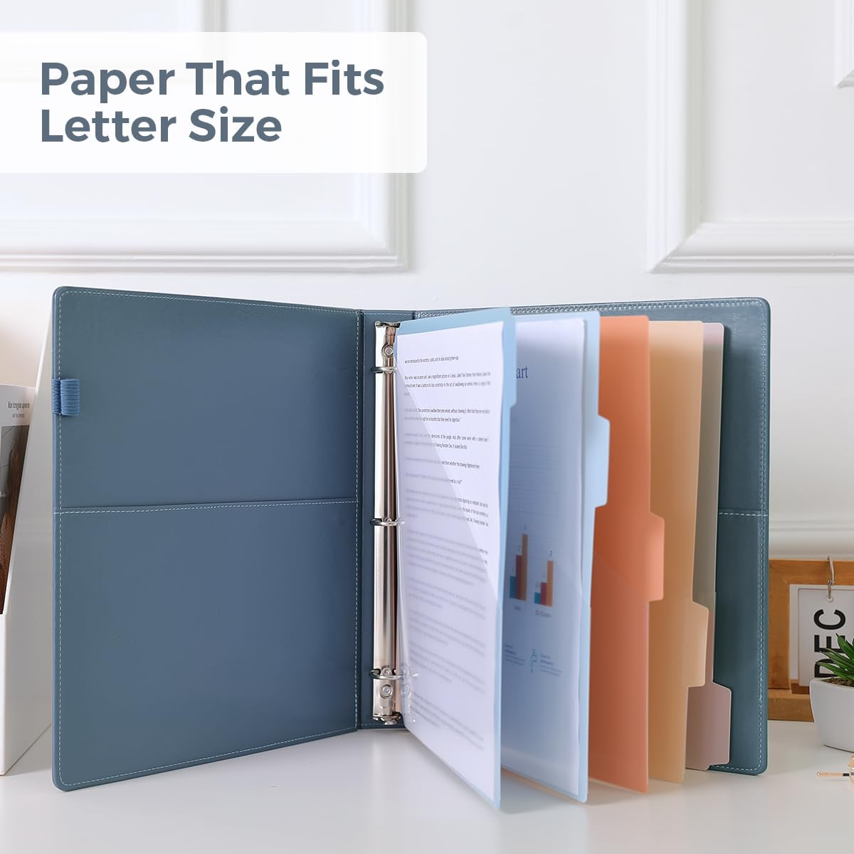 SKYDUE open binder showing three-ring system, five pocketed dividers and storage pockets for organization