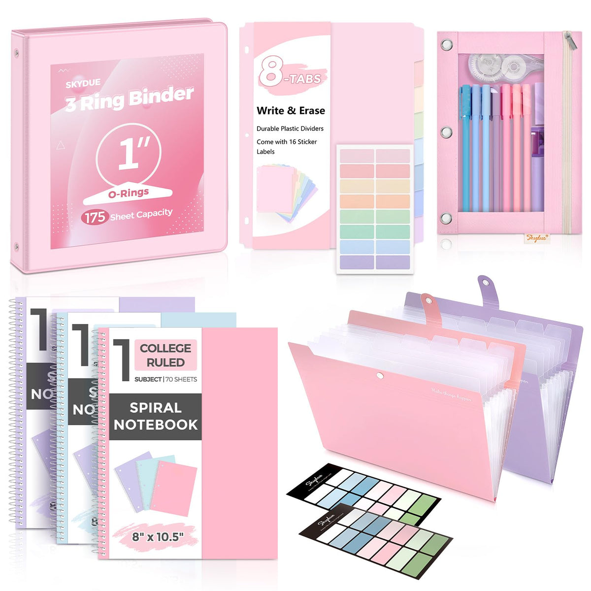 SKYDUE front view of pink binder set showing neat organization benefit